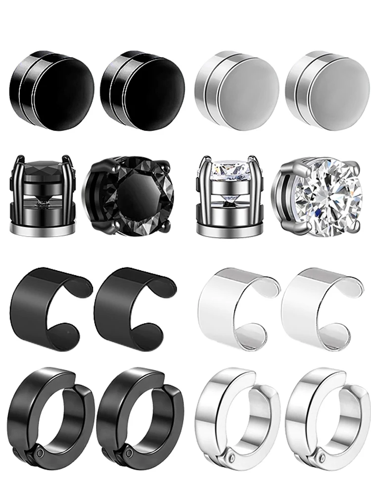 1 Pairs of Magnetic Clip Earrings Stainless Steel Stud Earrings for Men Women Black CZ Magnet Non-piercing Clip Earring Set