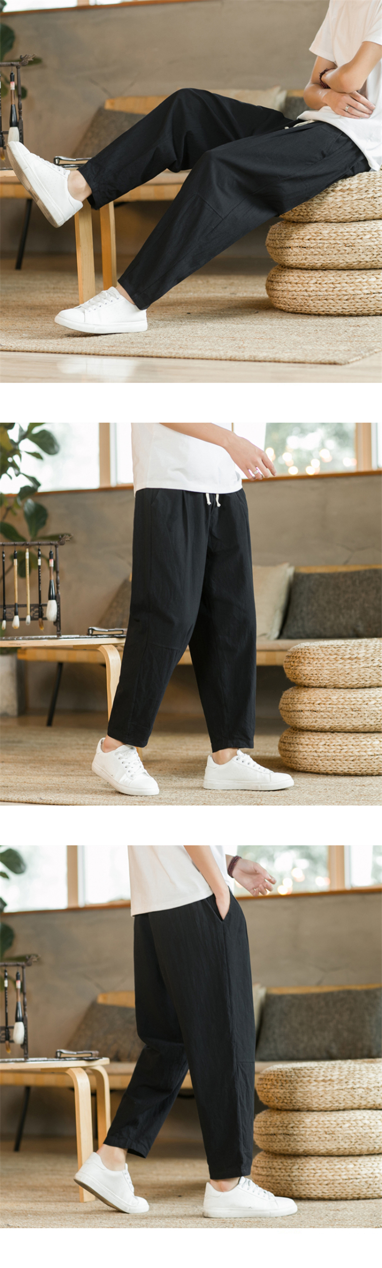 Men's Trousers Cotton Linen Fashion Casual Pants Solid Color Breathable Loose Shorts Straight Drawstring Pants Streetwear Men