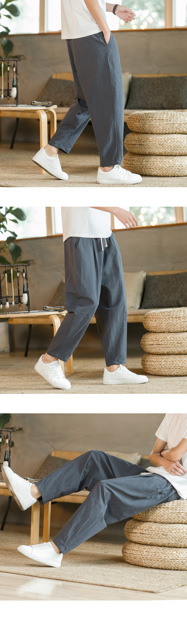 Men's Trousers Cotton Linen Fashion Casual Pants Solid Color Breathable Loose Shorts Straight Drawstring Pants Streetwear Men