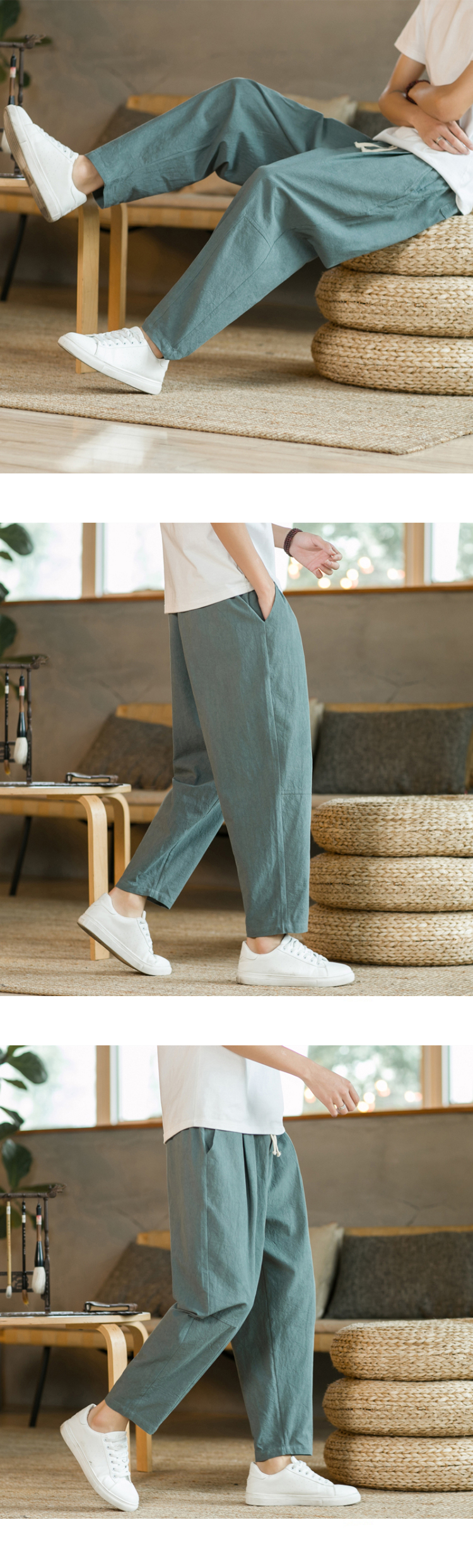 Men's Trousers Cotton Linen Fashion Casual Pants Solid Color Breathable Loose Shorts Straight Drawstring Pants Streetwear Men