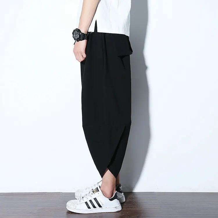 Harajuku Summer Loose Calf Length Casual Pants Men Wide Leg Cotton Linen Printing Baggy Pants Oversize Men's Trousers