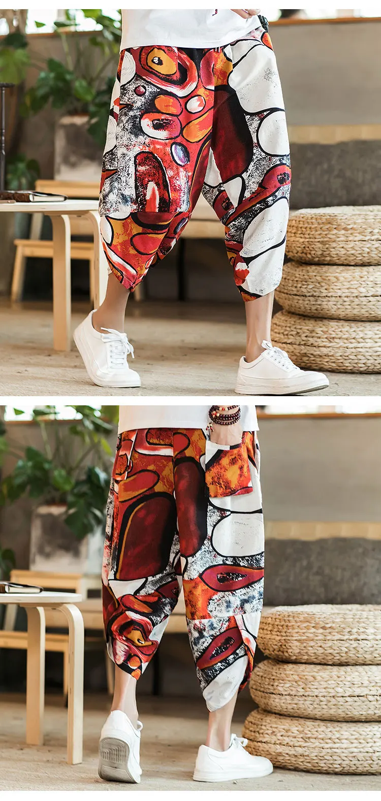 Harajuku Summer Loose Calf Length Casual Pants Men Wide Leg Cotton Linen Printing Baggy Pants Oversize Men's Trousers