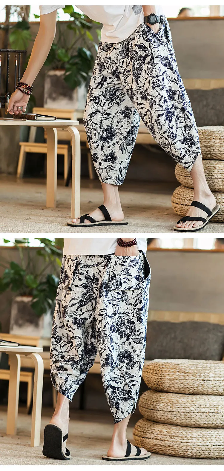 Harajuku Summer Loose Calf Length Casual Pants Men Wide Leg Cotton Linen Printing Baggy Pants Oversize Men's Trousers