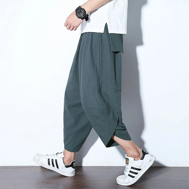 Harajuku Summer Loose Calf Length Casual Pants Men Wide Leg Cotton Linen Printing Baggy Pants Oversize Men's Trousers