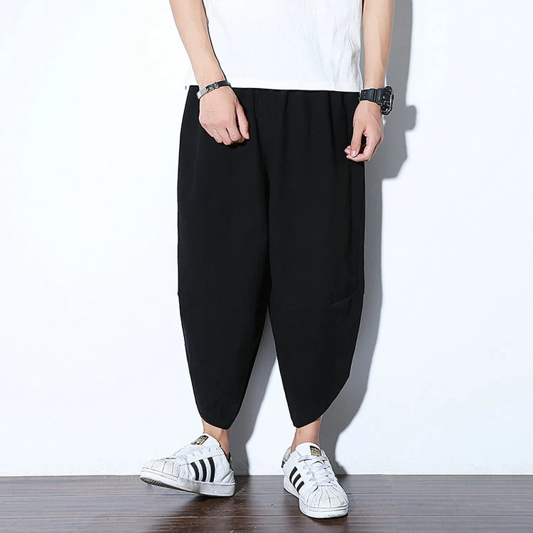 Harajuku Summer Loose Calf Length Casual Pants Men Wide Leg Cotton Linen Printing Baggy Pants Oversize Men's Trousers