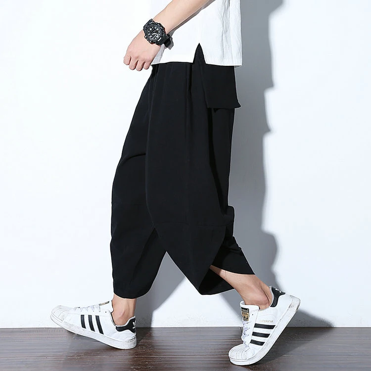 Harajuku Summer Loose Calf Length Casual Pants Men Wide Leg Cotton Linen Printing Baggy Pants Oversize Men's Trousers