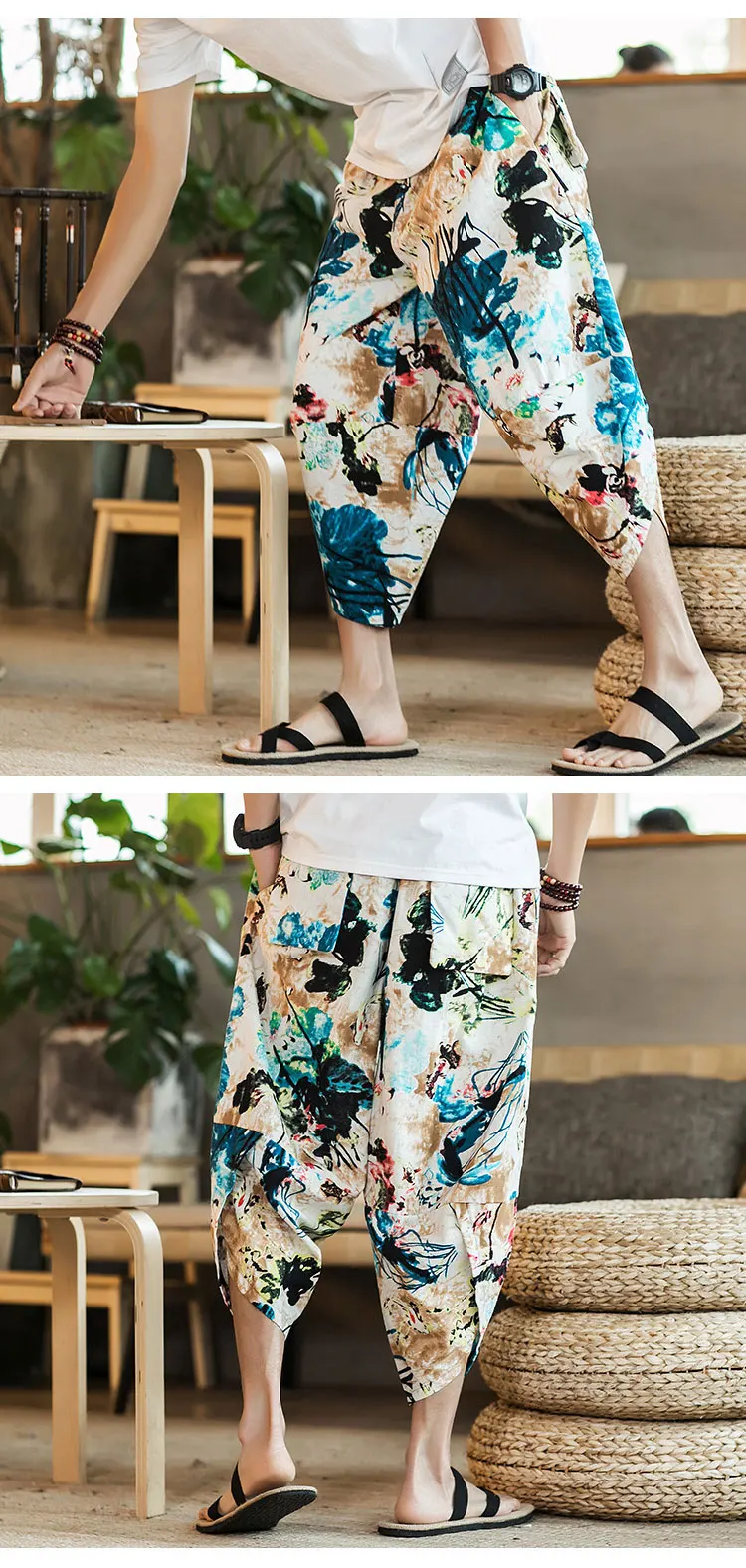 Harajuku Summer Loose Calf Length Casual Pants Men Wide Leg Cotton Linen Printing Baggy Pants Oversize Men's Trousers