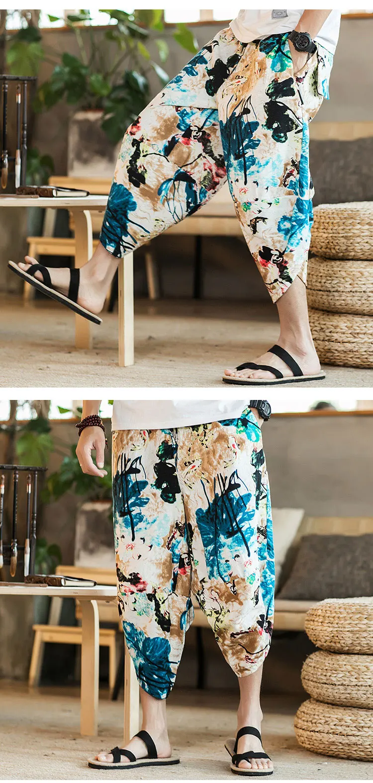 Harajuku Summer Loose Calf Length Casual Pants Men Wide Leg Cotton Linen Printing Baggy Pants Oversize Men's Trousers