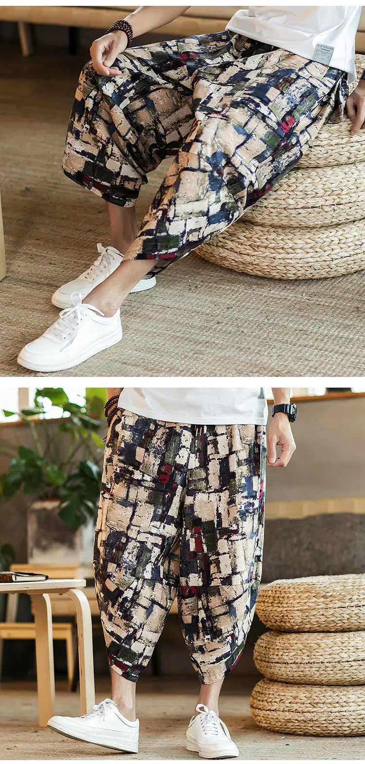 Harajuku Summer Loose Calf Length Casual Pants Men Wide Leg Cotton Linen Printing Baggy Pants Oversize Men's Trousers