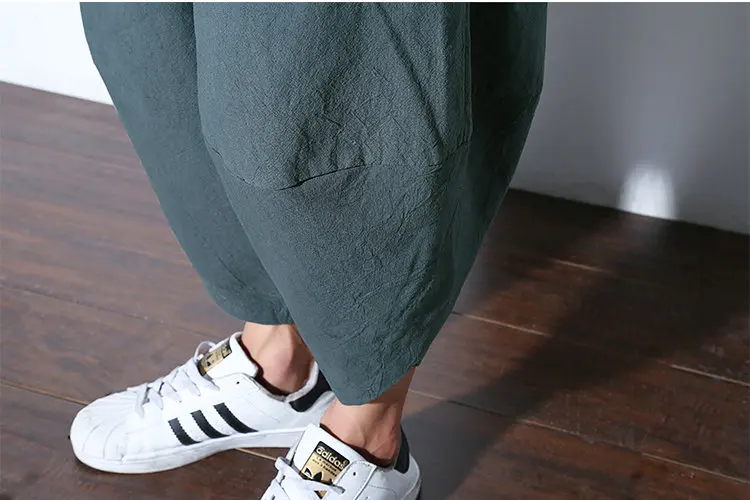 Harajuku Summer Loose Calf Length Casual Pants Men Wide Leg Cotton Linen Printing Baggy Pants Oversize Men's Trousers