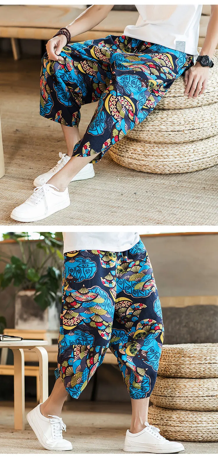 Harajuku Summer Loose Calf Length Casual Pants Men Wide Leg Cotton Linen Printing Baggy Pants Oversize Men's Trousers