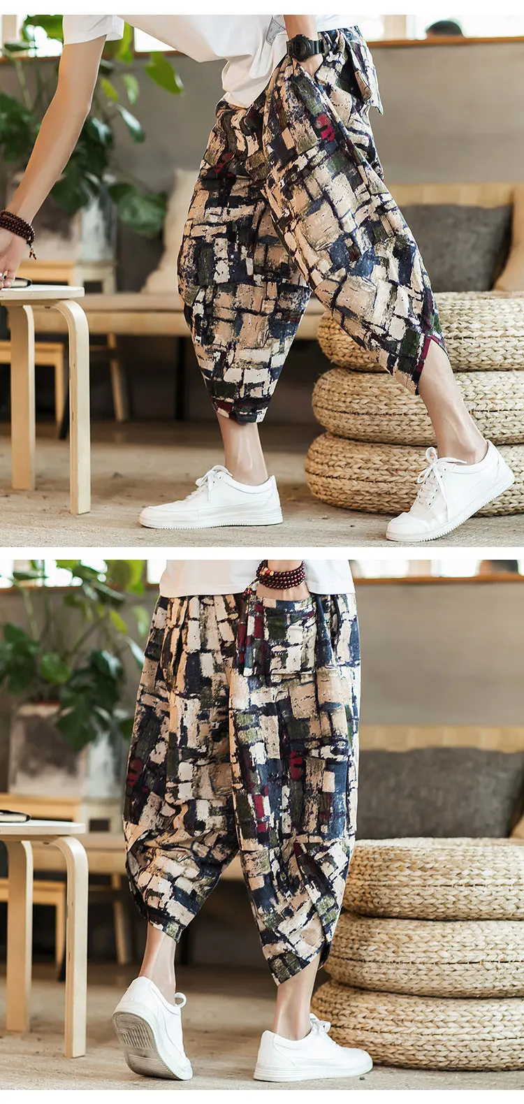 Harajuku Summer Loose Calf Length Casual Pants Men Wide Leg Cotton Linen Printing Baggy Pants Oversize Men's Trousers