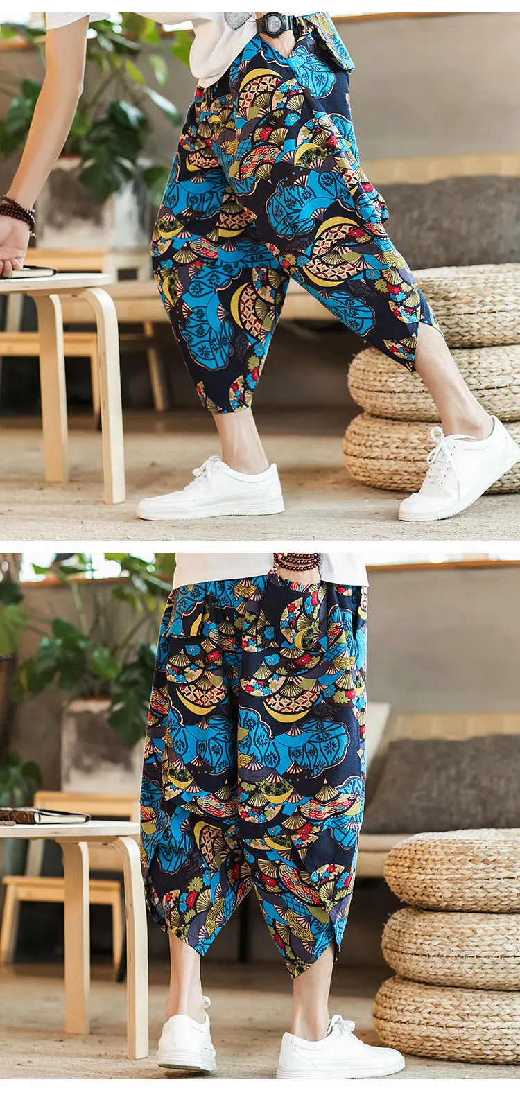 Harajuku Summer Loose Calf Length Casual Pants Men Wide Leg Cotton Linen Printing Baggy Pants Oversize Men's Trousers