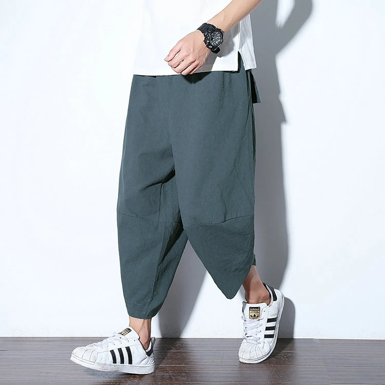 Harajuku Summer Loose Calf Length Casual Pants Men Wide Leg Cotton Linen Printing Baggy Pants Oversize Men's Trousers