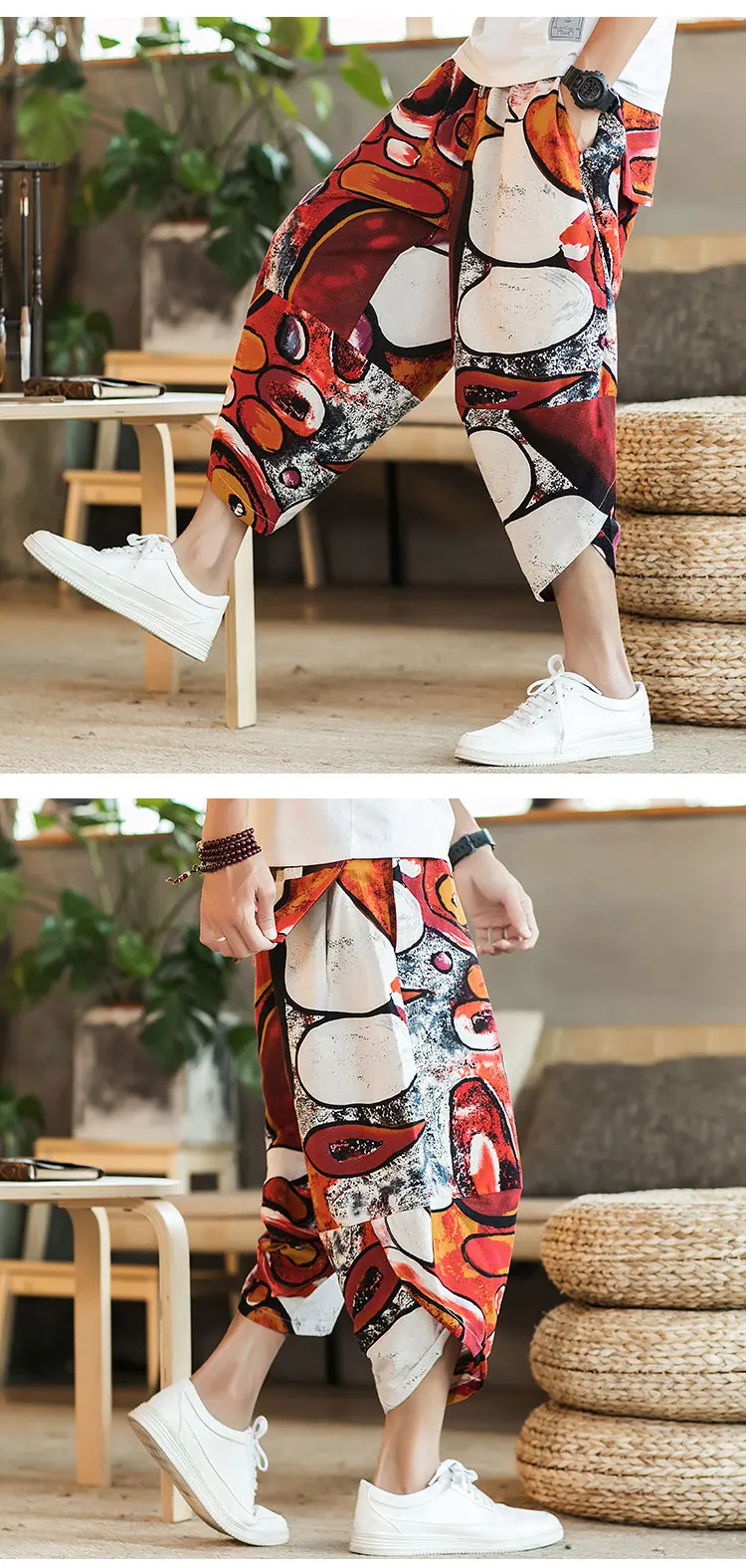 Harajuku Summer Loose Calf Length Casual Pants Men Wide Leg Cotton Linen Printing Baggy Pants Oversize Men's Trousers