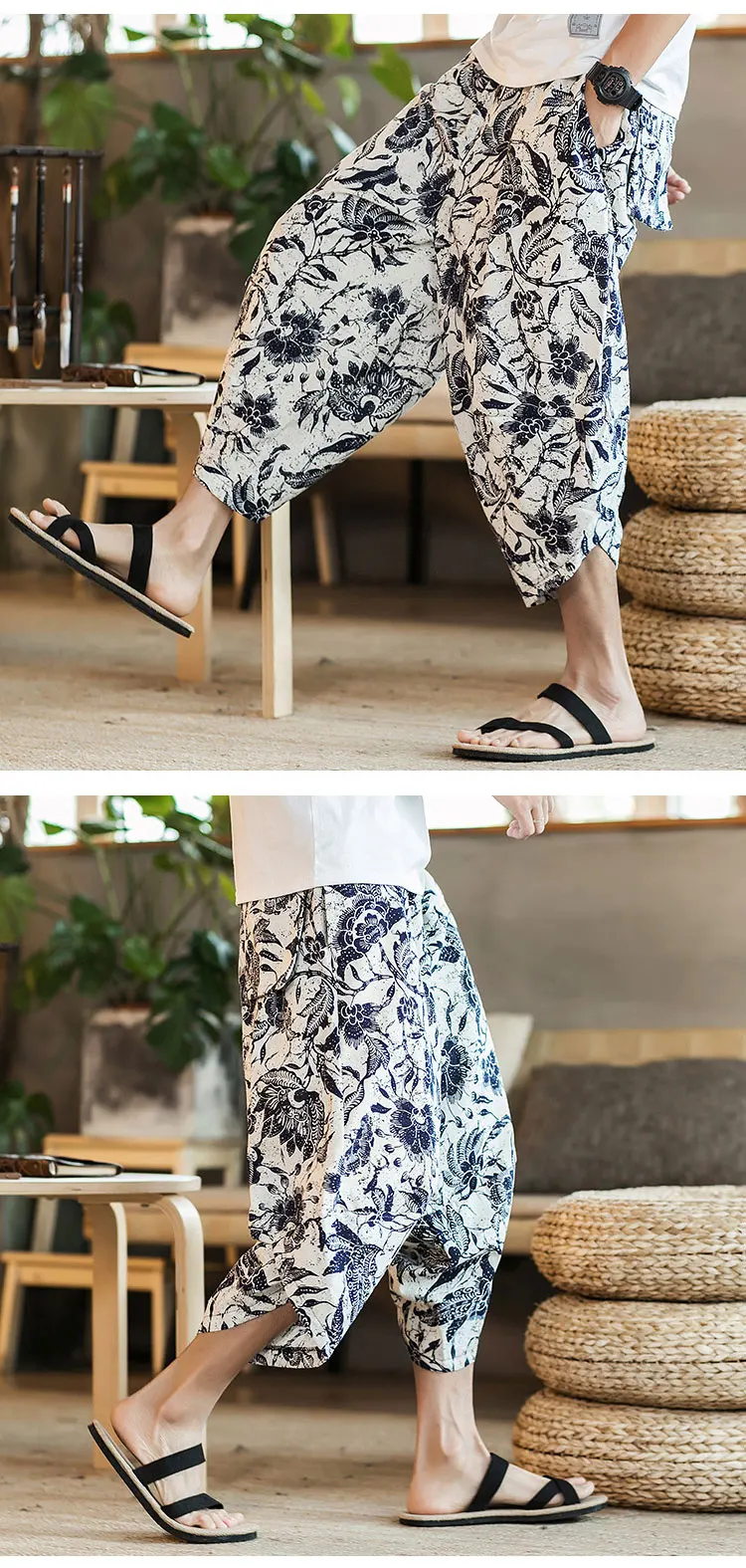 Harajuku Summer Loose Calf Length Casual Pants Men Wide Leg Cotton Linen Printing Baggy Pants Oversize Men's Trousers