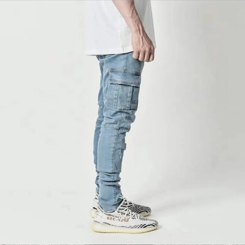 Street Elastic Jeans Men Denim Cargo Pants Wash Solid Color Multi Pockets Casual Mid Waist Trousers Slim Fit Daily Wear Joggers - Image 2