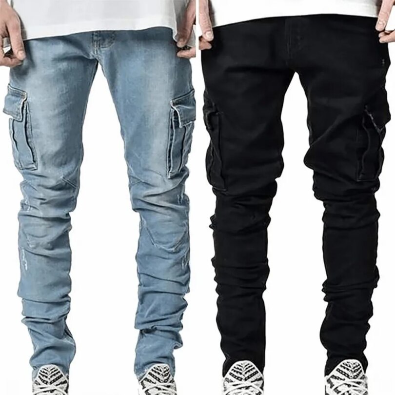 Street Elastic Jeans Men Denim Cargo Pants Wash Solid Color Multi Pockets Casual Mid Waist Trousers Slim Fit Daily Wear Joggers - Image 6