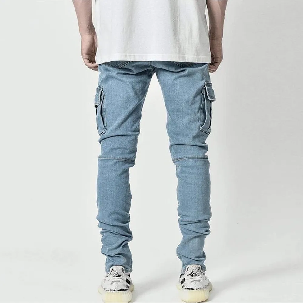 Street Elastic Jeans Men Denim Cargo Pants Wash Solid Color Multi Pockets Casual Mid Waist Trousers Slim Fit Daily Wear Joggers