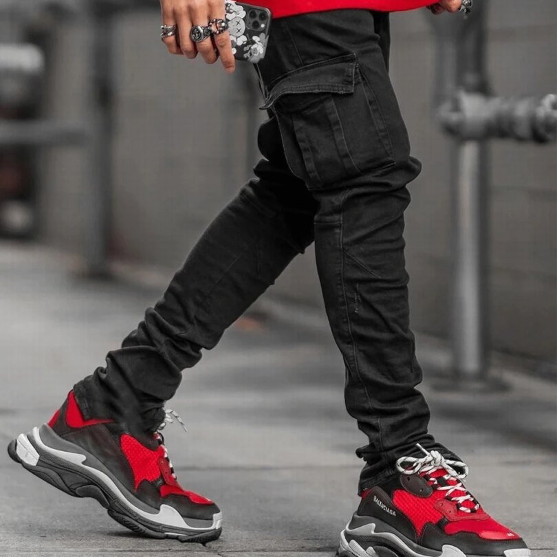 Street Elastic Jeans Men Denim Cargo Pants Wash Solid Color Multi Pockets Casual Mid Waist Trousers Slim Fit Daily Wear Joggers - Image 4