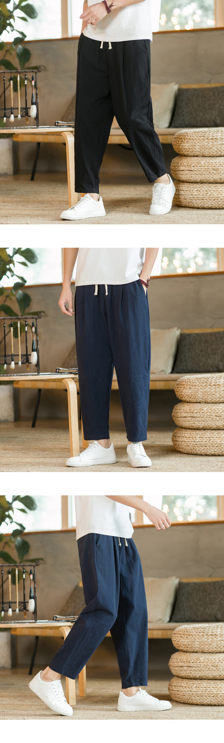 Men's Trousers Cotton Linen Fashion Casual Pants Solid Color Breathable Loose Shorts Straight Drawstring Pants Streetwear Men