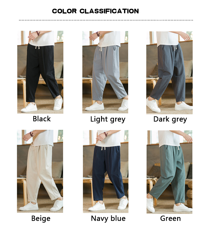 Men's Trousers Cotton Linen Fashion Casual Pants Solid Color Breathable Loose Shorts Straight Drawstring Pants Streetwear Men