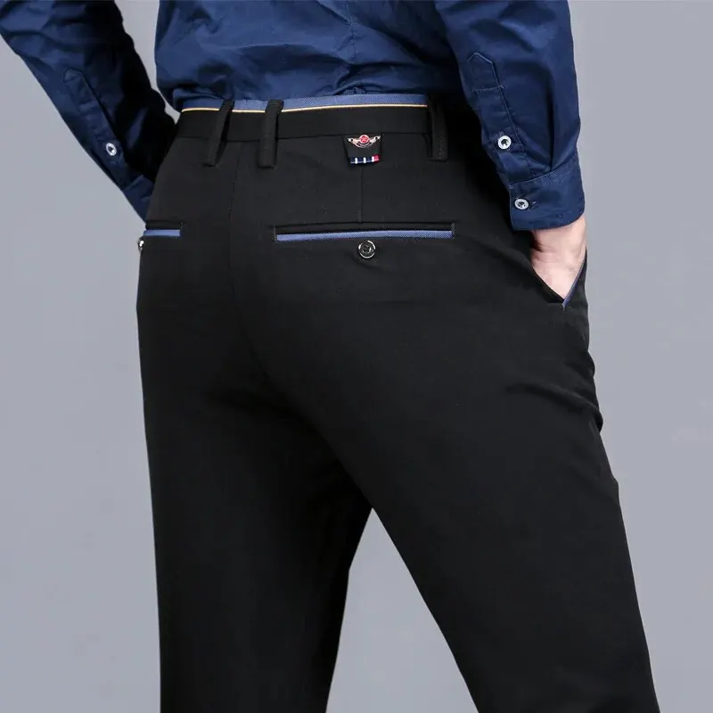 Men's Elastic Straight Pants Business Casual Long Suit Pants Male Formal Trousers Solid Colors Black BLue Plus Size 38 40