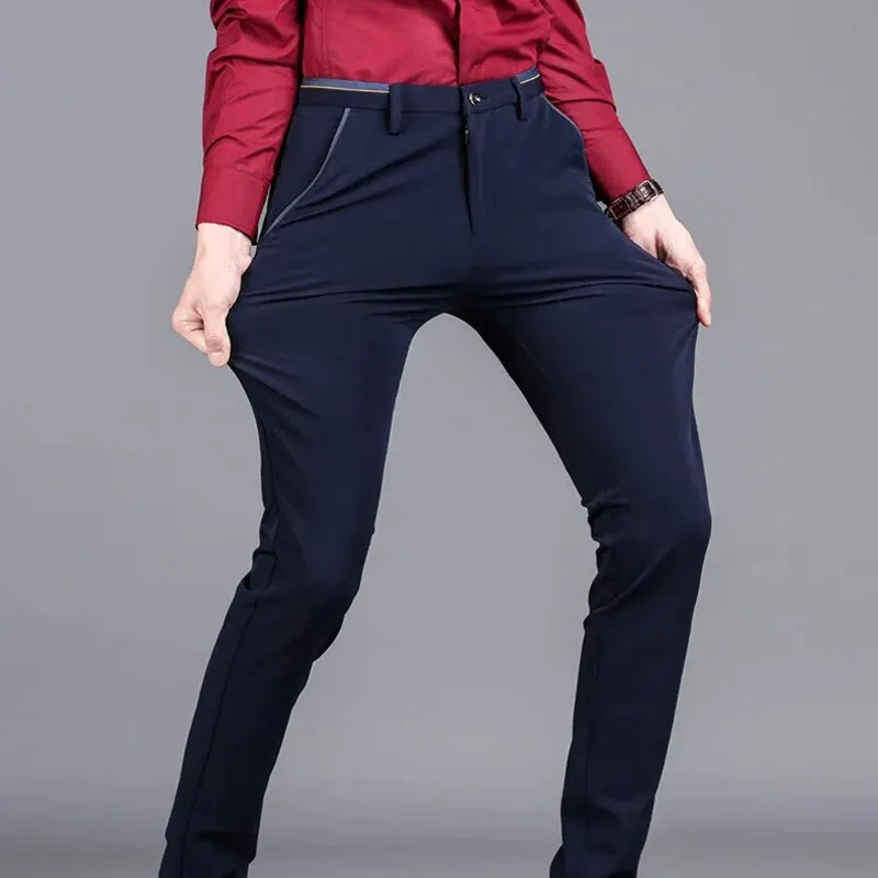 Men's Elastic Straight Pants Business Casual Long Suit Pants Male Formal Trousers Solid Colors Black BLue Plus Size 38 40