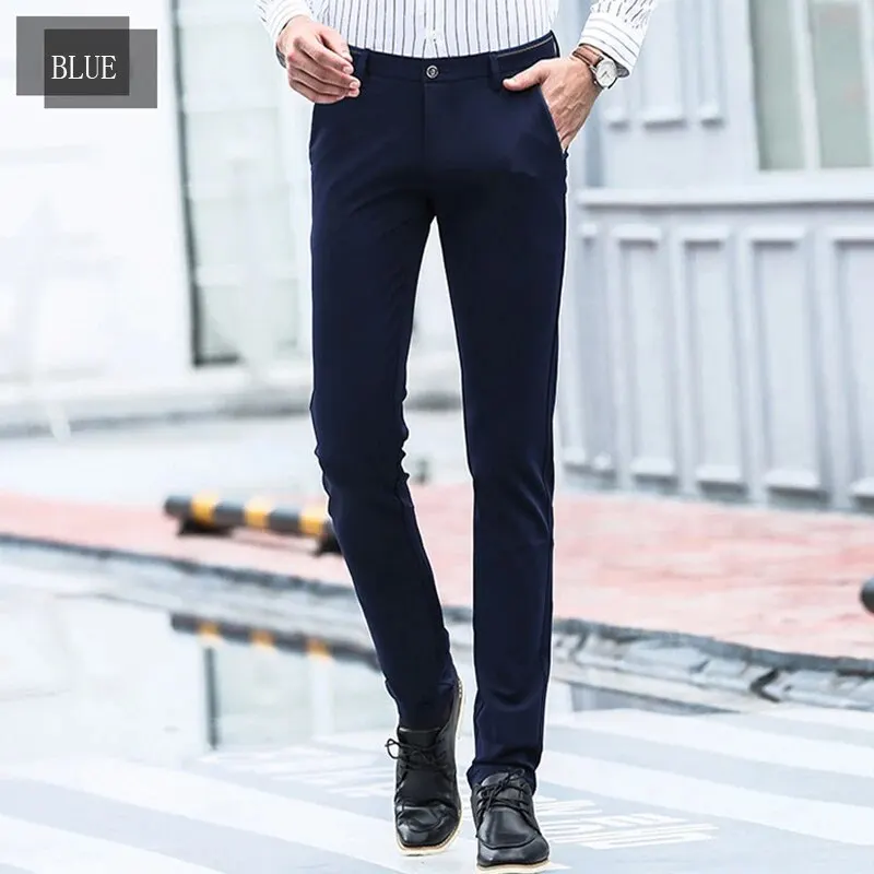 Men's Elastic Straight Pants Business Casual Long Suit Pants Male Formal Trousers Solid Colors Black BLue Plus Size 38 40