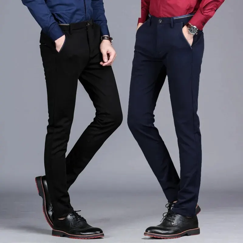 Men's Elastic Straight Pants Business Casual Long Suit Pants Male Formal Trousers Solid Colors Black BLue Plus Size 38 40